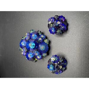 Vintage Royal Blue Rivoli Givre Brooch and Earring set